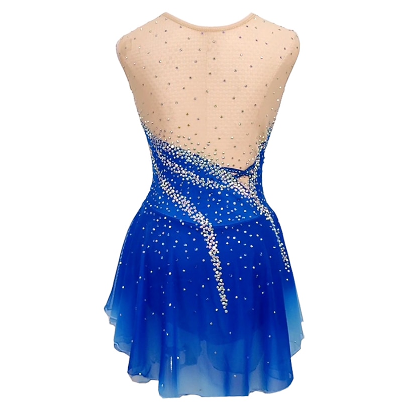 Figure Skating Dress Women's Girls' Ice Skating Dress Outfits Blue+Light Blue Patchwork Asymmetric Hem Mesh Spandex High Elasticity Competition Skating Wear Handmade Crystal / Rhinestone Sleeveless4