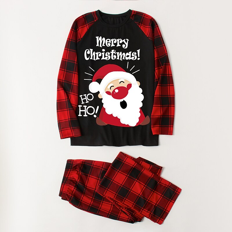 Family Christmas Family Pajamas Pajamas Plaid Santa Claus Letter Patchwork Dark Red Gray Long Sleeve Mommy And Me Outfits Cute Matching Outfits4