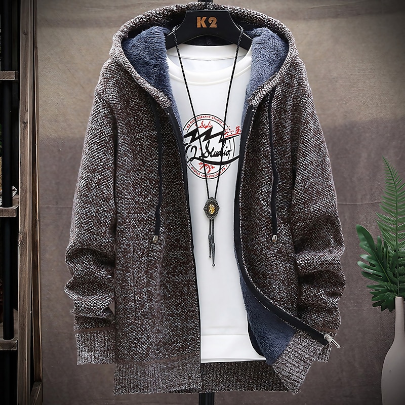 Men's Sweater Cardigan Knit Knitted Solid Color Hooded Stylish Outdoor Home Clothing Apparel Fall Winter Wine Blue S M L