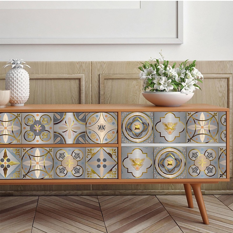 Brushed Silver Foil Gold Gray Moroccan Tile Stickers Self-adhesive Kitchen Wall Stickers Metal Texture Tile Wall Stickers