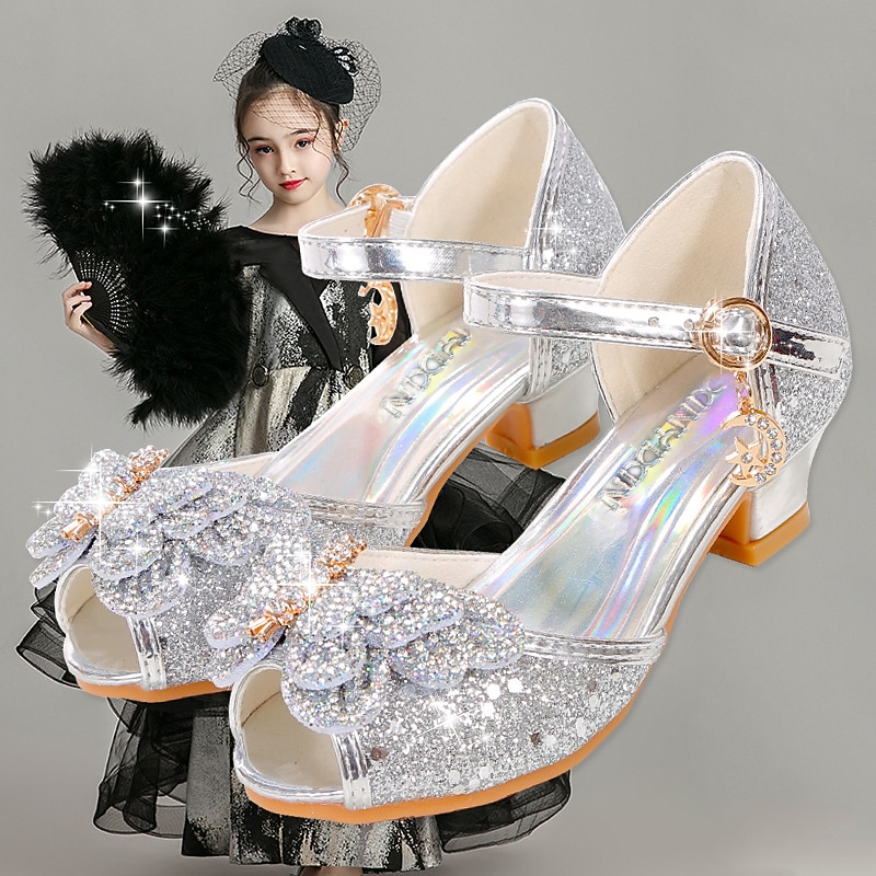 Girls' Silver Glitter Princess Shoes – Sparkly Bowknot Mary Jane Sandals with Low Heels, Elegant Party & Wedding Dress Shoes