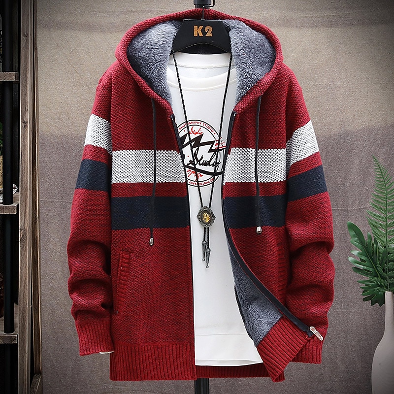 Men's Sweater Cardigan Sweater Hoodie Zip Sweater Sweater Jacket Knit Knitted Color Block Hooded Stylish Outdoor Home Clothing Apparel Fall Winter Wine Navy Blue S M L
