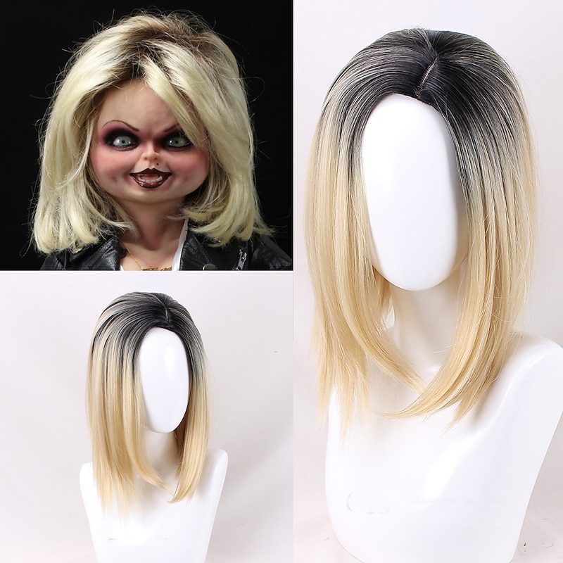 Chucky Wig Bride of Chucky Women Blonde Black Center Parting Role Play Jennifer Tilly Heat Resistant Cosplay  Wig Halloween Wig