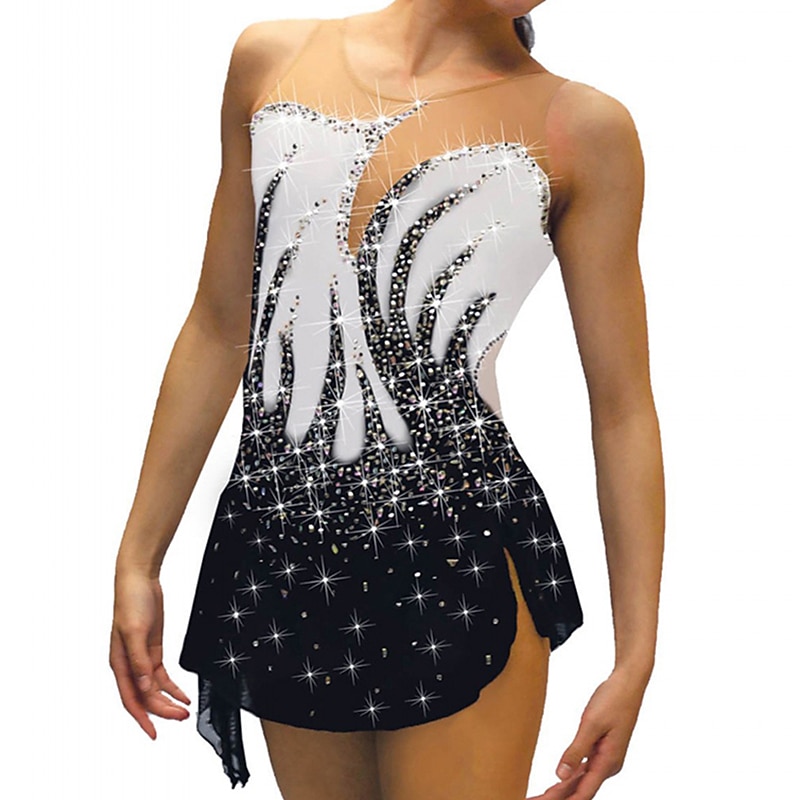 Figure Skating Dress Women's Girls' Ice Skating Dress Outfits Black White Yellow Mesh Spandex High Elasticity Training Practice Competition Skating Wear Crystal / Rhinestone Sleeveless Ice Skating2