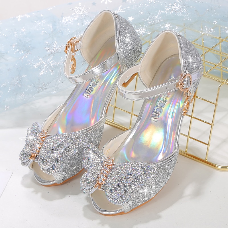 Girls' Silver Glitter Princess Shoes – Sparkly Bowknot Mary Jane Sandals with Low Heels, Elegant Party & Wedding Dress Shoes2