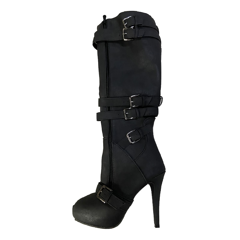 Women's Beige Knee-High Stiletto Boots with Buckle Straps and Side Zipper, Sexy High Heel Boots for Fashionable Night Out3