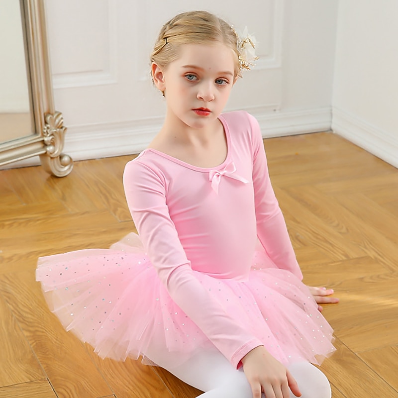 Kids' Dancewear Ballet Dress Bowknot Solid Splicing Girls' Training Performance Long Sleeve High Cotton Blend Tulle3