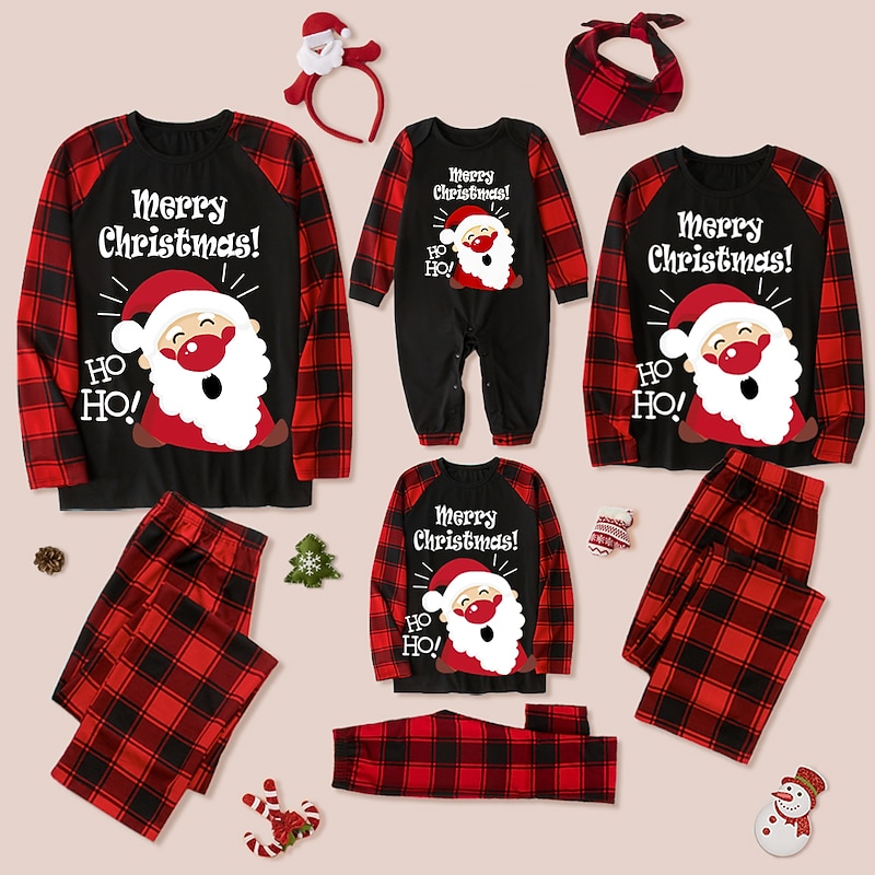 Family Christmas Family Pajamas Pajamas Plaid Santa Claus Letter Patchwork Dark Red Gray Long Sleeve Mommy And Me Outfits Cute Matching Outfits2