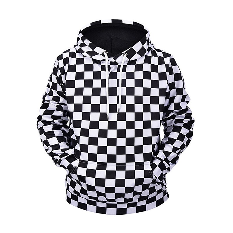 Men's Graphic Plaid Checkered Check Hoodie Hoodies Sweatshirt Casual Big and Tall Long Sleeve Hooded Daily Sports Streetwear Black And White Print Summer Spring Designer