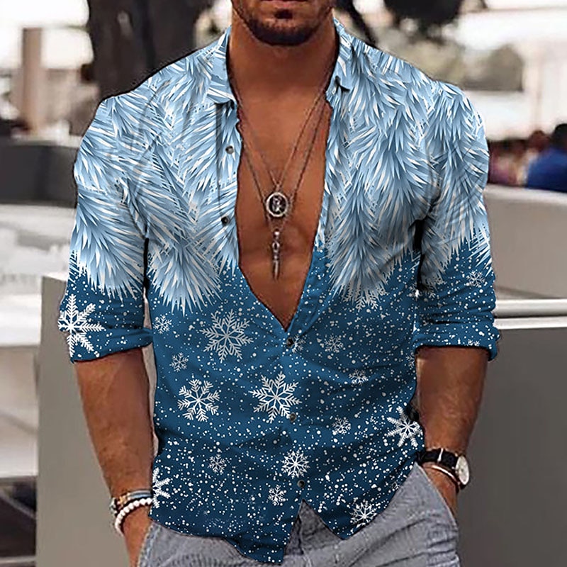 Christmas Men's Christmas Scene Printed Shirts Snowflake Collar Yellow Red Blue Purple 3D Print Outdoor Casual Long Sleeve 3D Print Button-Down Clothing Apparel Fashion Classic Breathable Comfortable