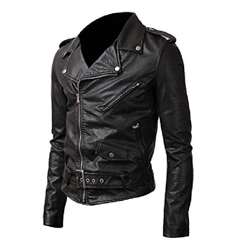 Men's PU Leather Jacket Faux Leather Coat Motorcycle Biker Belted Rider Fashion Style  Winter Casual Daily Outdoor Work Black Warm Outwear Tops Zip Pocket2