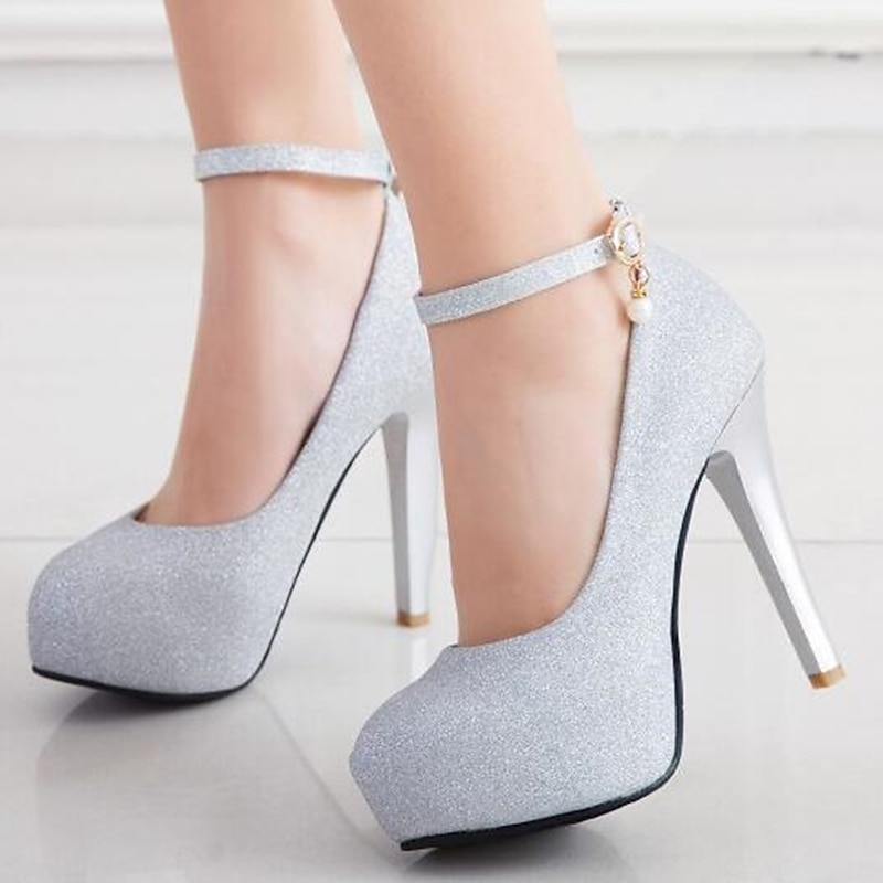Women's Silver Glitter Platform Stiletto Heels with Ankle Strap and Pearl Charm – Elegant Bridal or Evening Party Shoes