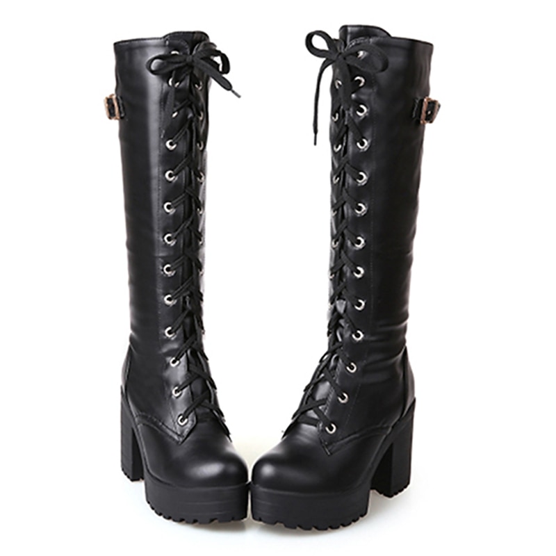 Women's Black Platform Lace-Up Knee-High Boots with Chunky Heels and Buckle Detail – Gothic or Punk Style for Fall and Winter2