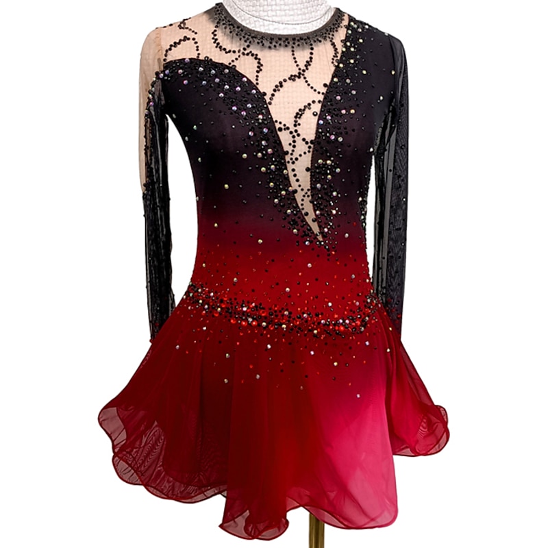 Figure Skating Dress Women's Girls' Ice Skating Dress Outfits Black / Red Black / Blue Open Back Asymmetric Hem Mesh Spandex High Elasticity Practice Competition Skating Wear Handmade Crystal