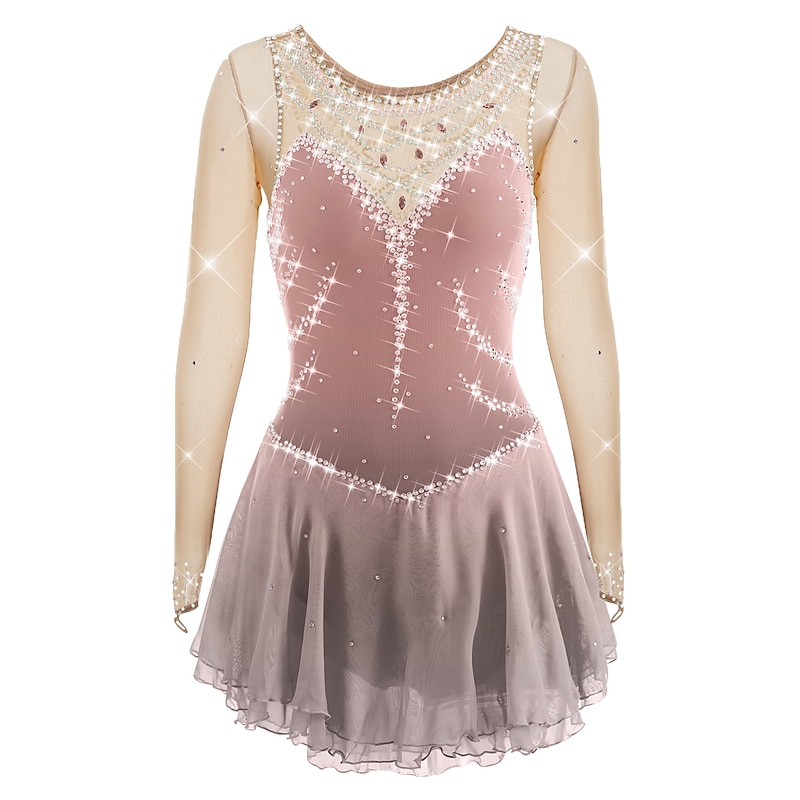 Figure Skating Dress Women's Girls' Ice Skating Dress Outfits Violet White Yellow Patchwork Mesh Spandex High Elasticity Training Competition Skating Wear Patchwork Crystal / Rhinestone Long Sleeve2