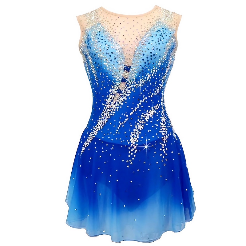 Figure Skating Dress Women's Girls' Ice Skating Dress Outfits Blue+Light Blue Patchwork Asymmetric Hem Mesh Spandex High Elasticity Competition Skating Wear Handmade Crystal / Rhinestone Sleeveless