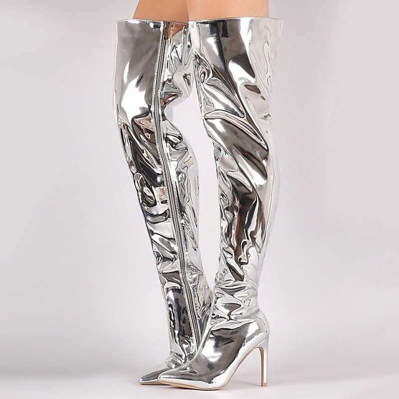 Women's Silver Over-the-Knee High Heel Boots with Zipper - Stylish and Shiny for Party and Fashion Wear2