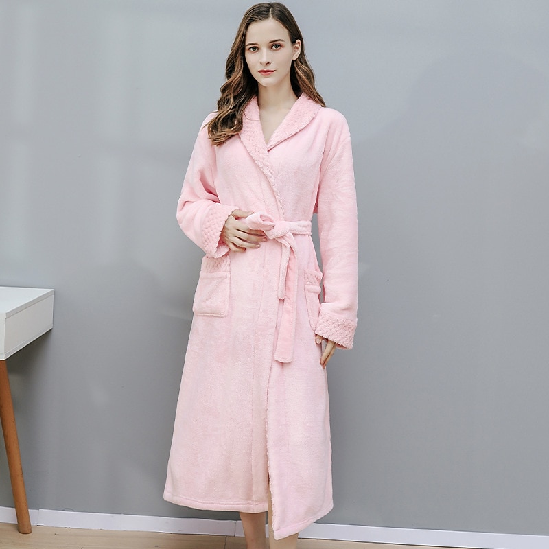 Women's Bathrobe Robes Gown Nighty 1 PCS Pure Color Warm Comfort Plush Robe Home Street Fleece Terry Warm Lapel Long Sleeve Basic Belt Included Fall Winter Home Outfits2