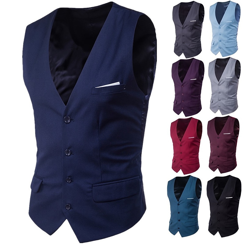 Men's Vest Waistcoat Wedding Work Street Business Streetwear Business Summer Fall Pocket Cotton Breathable Solid Color Single Breasted V Neck Regular Fit Lake blue Black Wine Red Vest