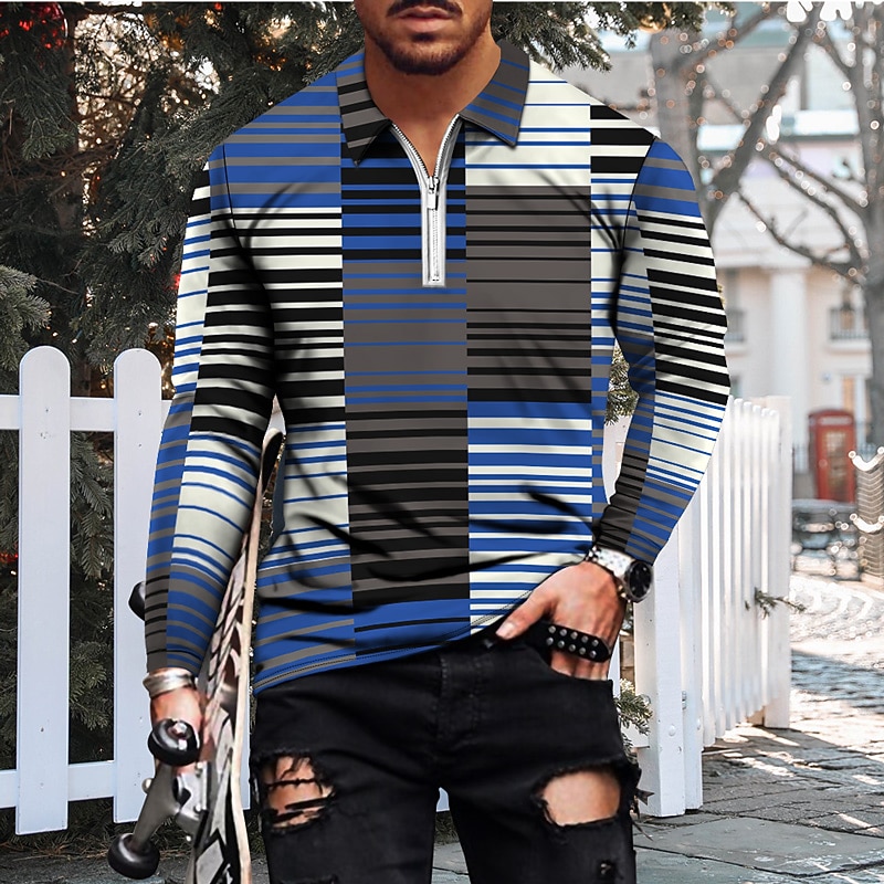 Men's Striped Hawaiian Polo Shirts Golf Shirt Long Sleeve Polo Shirts Collared Shirts Casual Beach Wear Vacation Wear Party Outfits 3D Print Quarter Zip Polo Wine Yellow Blue4