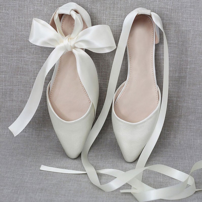 Women's Comfortable Satin Ribbon Tie Ballet Flats – Elegant Ivory Wedding Shoes for Brides and Bridesmaids, Perfect for Formal Events and Special Occasions