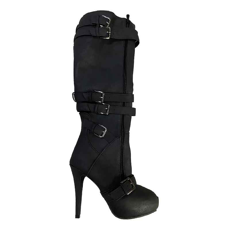Women's Beige Knee-High Stiletto Boots with Buckle Straps and Side Zipper, Sexy High Heel Boots for Fashionable Night Out4