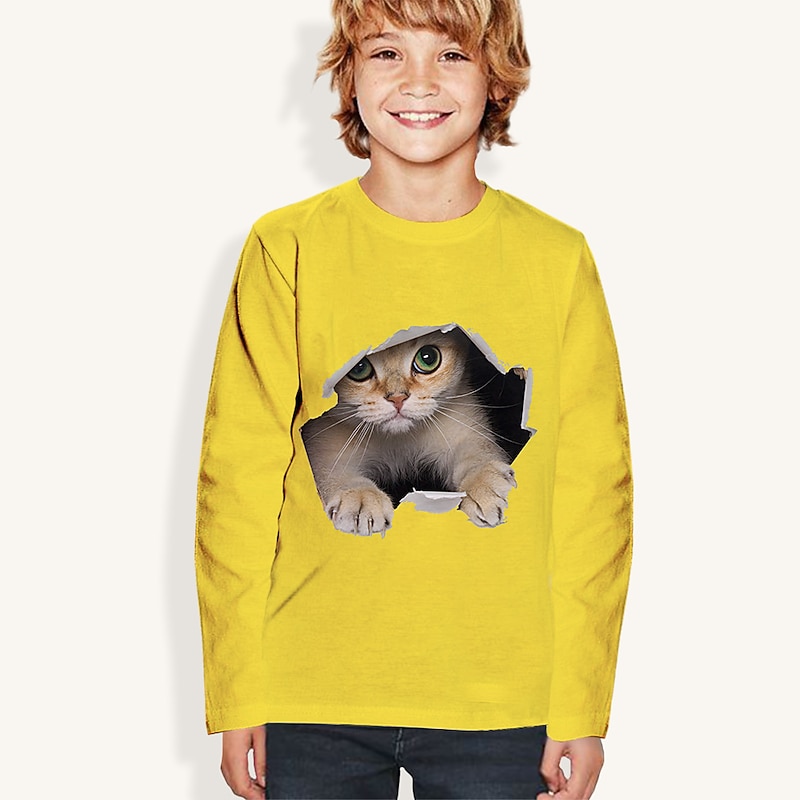 Boys Girls' 3D Animal Cat T shirt Tee Long Sleeve 3D Print Fall Active Kids 4-12 Years Daily Wear Regular Fit3