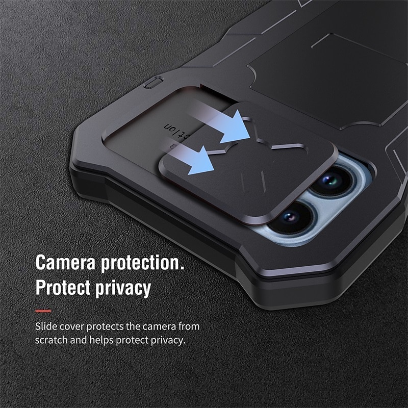 Phone Case For iPhone 14 Pro Max Plus 13 12 Pro Max Heavy Duty with Stand Holder Camera Lens Protector with Wrist Strap TPU Metal3