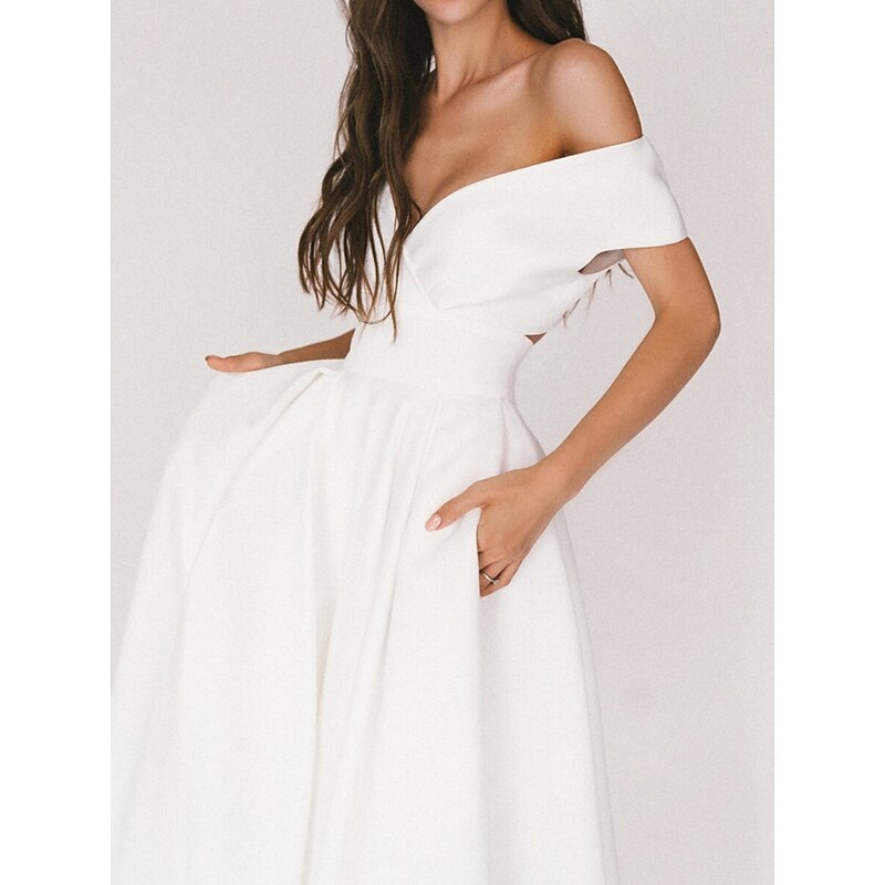 Beach Wedding Reception Little White Dress Bridal Shower Dresses Casual Wedding Dresses A-Line V Neck Cap Sleeve Tea Length Chiffon Bridal Gowns With Pleats3