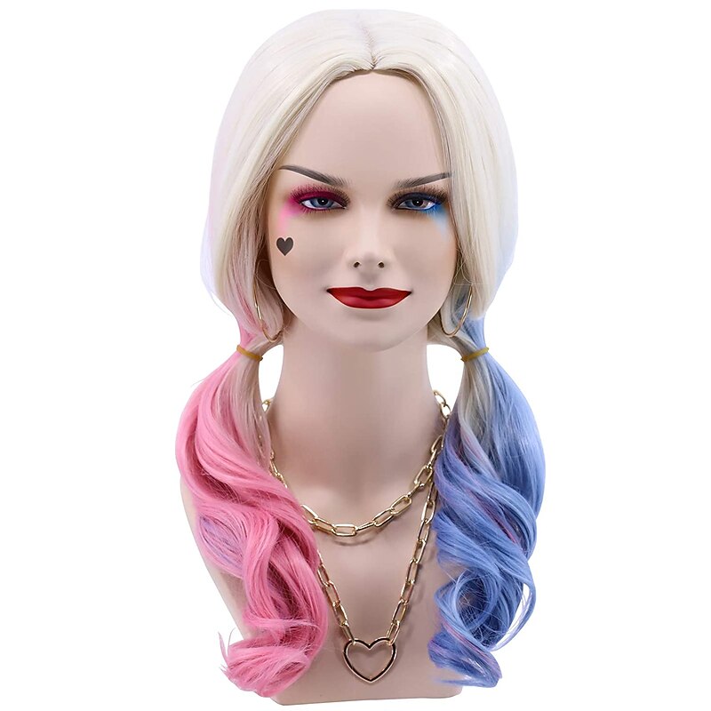 Harley Quinn  Cfalaicos Long Wavy Dyeing Color Pink Blue Cosplay Wig for Women  Party  Wigs Halloween Wigs