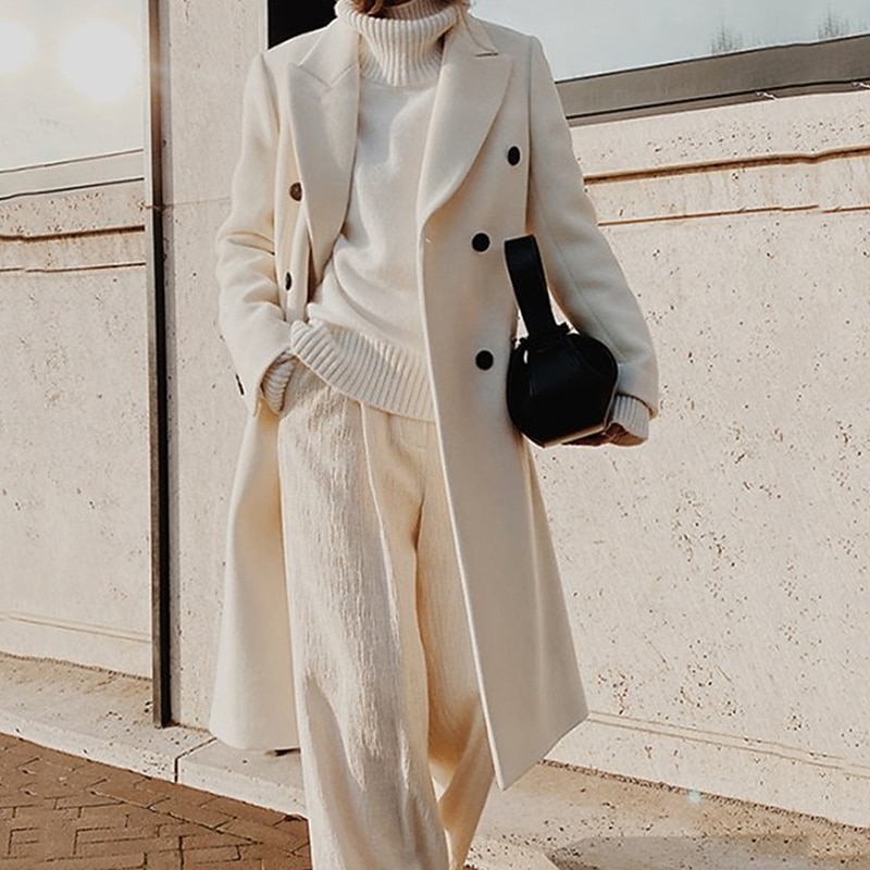 Women's Wool Blend Coat Winter Long Pea Coat Fall Double Breasted Lapel Over Coat Warm Windproof with Pockets Streetwear Casual Jacket Long Sleeve White Khaki3