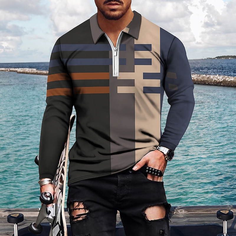 Men's Striped Hawaiian Polo Shirts Golf Shirt Long Sleeve Polo Shirts Collared Shirts Casual Beach Wear Vacation Wear Party Outfits 3D Print Quarter Zip Polo Wine Yellow Blue
