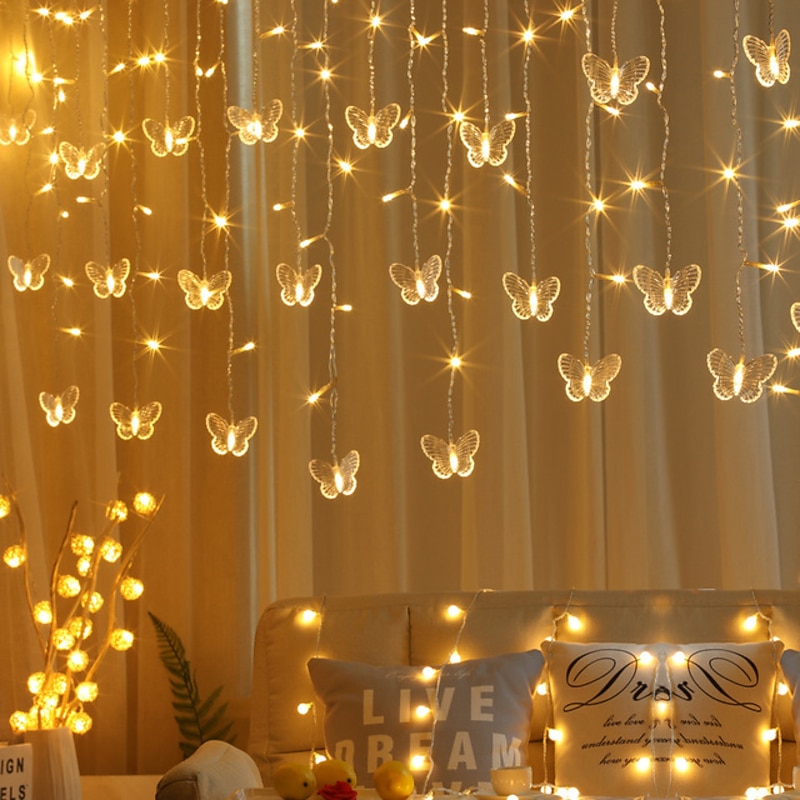 LED Christmas Fairy Light Butterfly Curtain String Lights 3.5M 96LEDs New Year Holiday Wedding Valentine's Day Living Room Bedroom Store Decoration 220V EU Plug Curtain Lights3