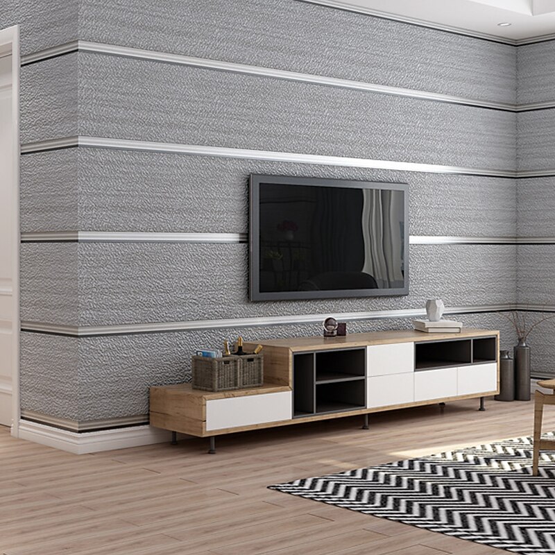 Cool Wallpapers White Grey Wallpaper Textured Wall Mural Wall Covering Sticker Film Embossed Stripe Non Woven Horizontal Vertical Stripes Deerskin Velvet Home Decor 53*950CM3