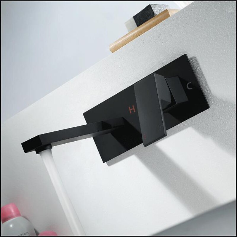 Brass Wall Mount Bathroom Sink Faucet,Black Single Handle One Hole Bath Taps with Hot and Cold Switch3