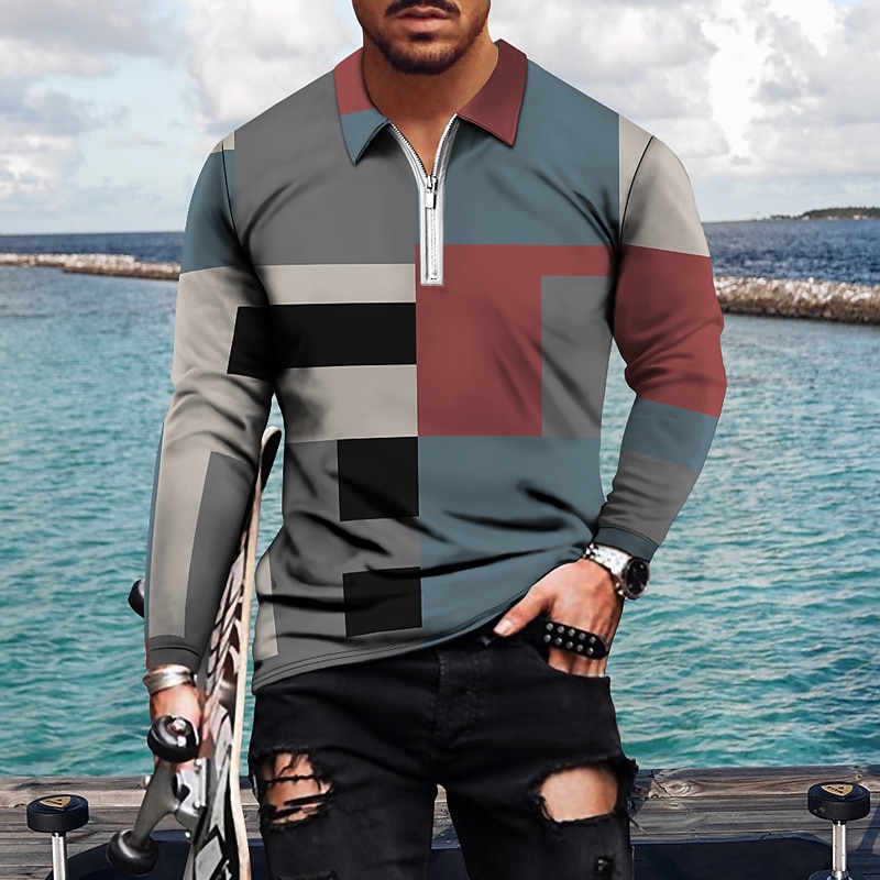 Men's Striped Hawaiian Polo Shirts Golf Shirt Long Sleeve Polo Shirts Collared Shirts Casual Beach Wear Vacation Wear Party Outfits 3D Print Quarter Zip Polo Wine Yellow Blue2