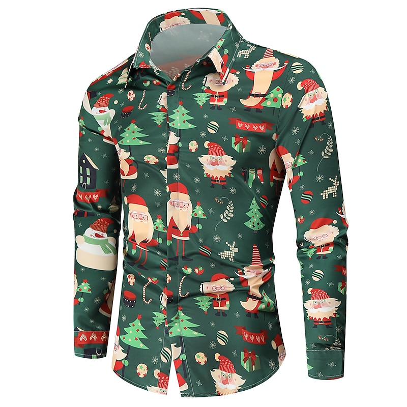 Christmas Men's Santa Claus Printed Shirts Shirts Tree Santa Claus Holiday Classic Collar Green Army Green Red White Casual Long Sleeve Print Clothing Apparel Fashion Ethnic Style Business2