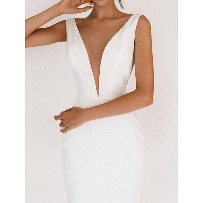 Beach Wedding Reception Little White Dress Bridal Shower Dresses Wedding Dresses Sheath V Neck Sleeveless Ankle Length Satin Bridal Gowns With / Solid Color3