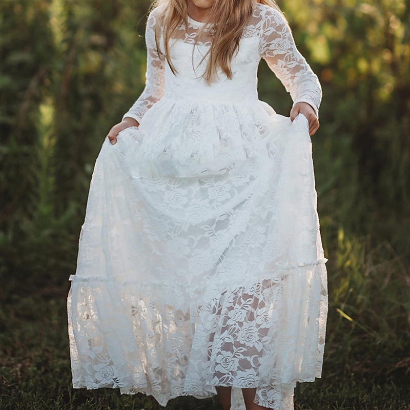 Kids Girls' Flower Girl Dress Dress Solid Colored Long Sleeve Wedding Party Daily Lace Mesh Embroidered Cute Princess Cotton Maxi A Line Dress Tulle Dress Fall Winter 3-12 Years White Beige2