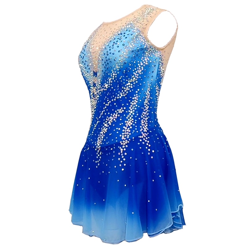 Figure Skating Dress Women's Girls' Ice Skating Dress Outfits Blue+Light Blue Patchwork Asymmetric Hem Mesh Spandex High Elasticity Competition Skating Wear Handmade Crystal / Rhinestone Sleeveless2