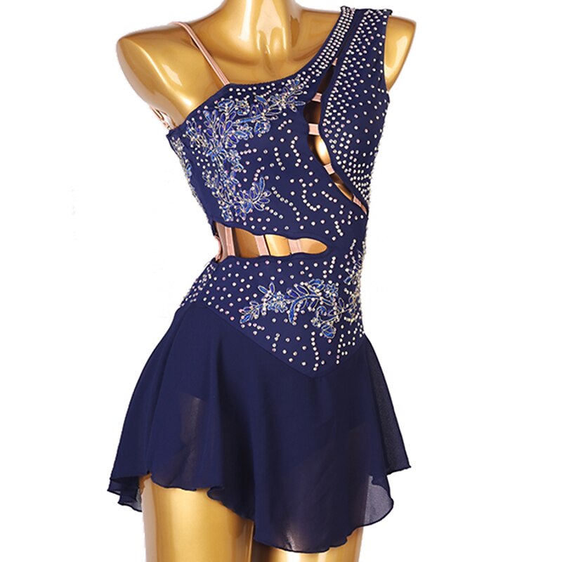 Figure Skating Dress Women's Girls' Ice Skating Dress Outfits White Dark Navy Red Flower Open Back Mesh Spandex High Elasticity Professional Competition Skating Wear Handmade Classic Crystal2