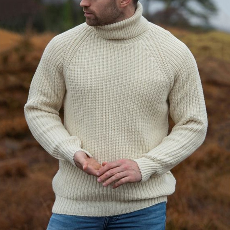 Men's Turtleneck Sweater Sweater Pullover Sweater Jumper Cable Chunky Knit Knitted Solid Color Turtleneck Stylish Casual Outdoor Home Clothing Apparel Fall Winter Beige M L XL
