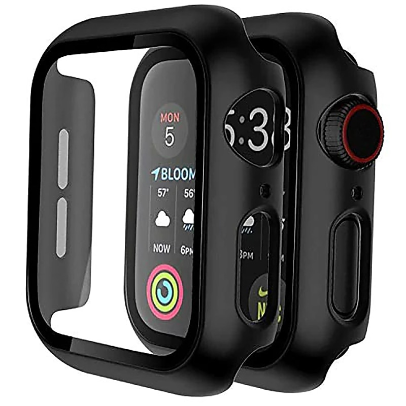 [2 pack] Case for Apple Watch Series 6/SE/5/4 /3/2/1 44mm 42mm 40mm 38mm Tempered Glass Screen Protector, Hard PC Ultra-thin Bumper HD Clear Film Full Coverage Cover Black3