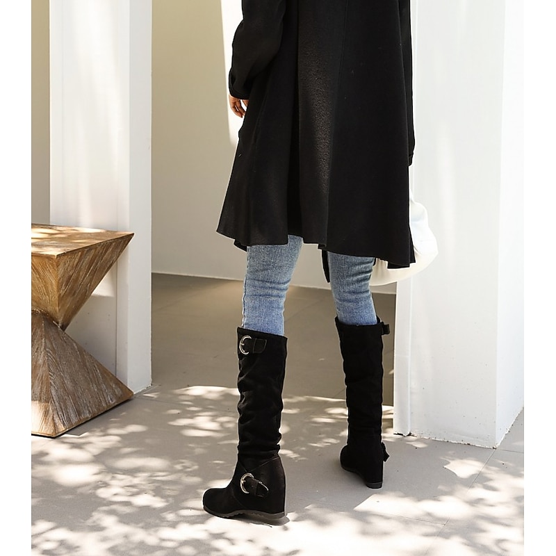 Women's Black Slouchy Faux Suede Knee-High Boots with Buckle Straps, Casual Vintage Style for Fall and Winter Outfits3