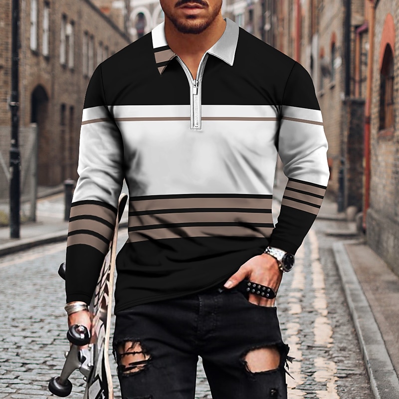 Men's Striped Zip Polo Shirts Golf Shirt Long Sleeve Polo Shirts Collared Shirts Casual Vacation Wear Formal Wear Festival Wear 3D Print Quarter Zip Polo White Blue Brown