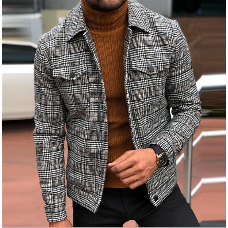 Men's Trucker Jacket Casual Jacket Daily Going out Windproof Warm Pocket Fall Winter Plaid / Check Streetwear Casual Turndown Regular Regular Fit Gray Jacket