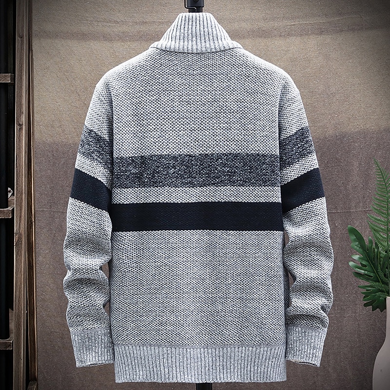 Men's Sweater Cardigan Zip Sweater Sweater Jacket Fleece Sweater Knit Knitted Color Block Stand Collar Stylish Outdoor Home Clothing Apparel Winter Fall Blue Dark Gray M L XL2