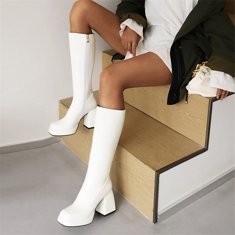 Women's White Knee-High GoGo Boots with Block Heels and Zipper Closure – Sleek Retro Design for Party and Casual Wear4