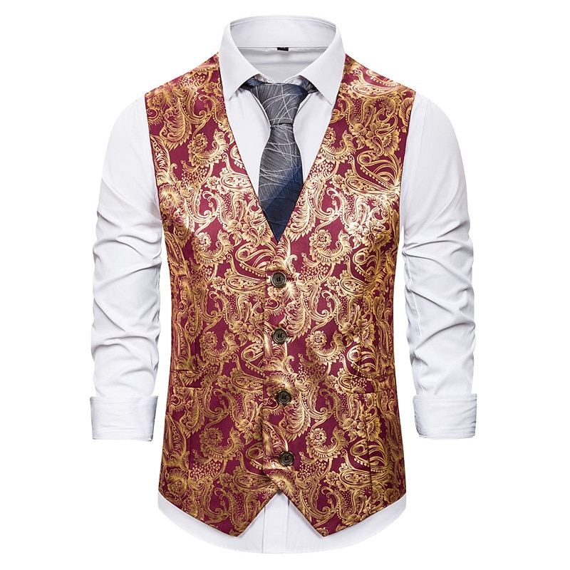 Men's Vest Gilet Wedding Smart Casual Polyester Geometric V Neck Skinny Red Purple Gold Vest2