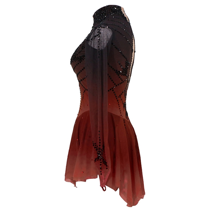 Figure Skating Dress Women's Girls' Ice Skating Dress Outfits Black / Red Black / Green Black / Blue Patchwork Asymmetric Hem Mesh Spandex High Elasticity Competition Skating Wear Handmade Color3